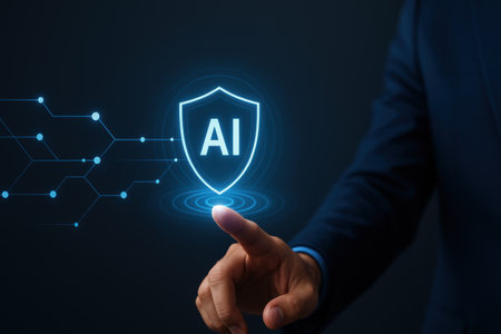 Businessman pressing artificial intelligence (AI) icon on virtual screen.の素材