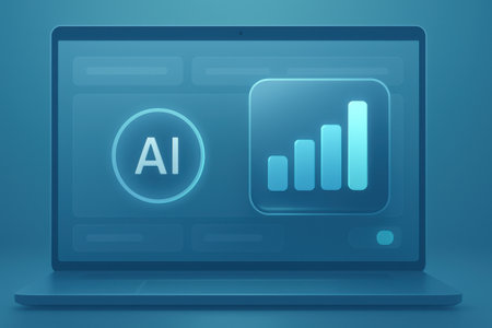 Laptop with analytics icon on screen on blue background. 3d renderingの素材