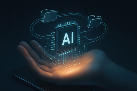 Close up of hand holding smartphone with artificial intelligence concept. 3D Renderingの素材