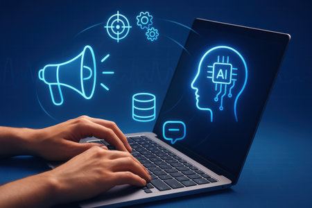 Hand typing on laptop keyboard with glowing business icons and symbols on blue backgroundの素材