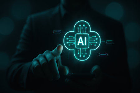 AI Artificial intelligence and machine learning concept. Businessman hand using smart phone with artificial intelligence (AI) icon.の素材