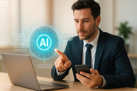 Businessman using smartphone and laptop with artificial intelligence icon. Technology conceptの素材