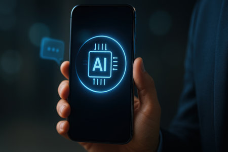 Artificial intelligence (AI) and machine learning concept. Businessman hand holding smartphone with artificial intelligence (AI) icon.の素材