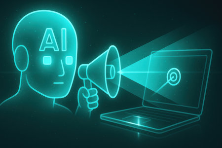 Laptop and man with megaphone on dark background. 3D renderingの素材