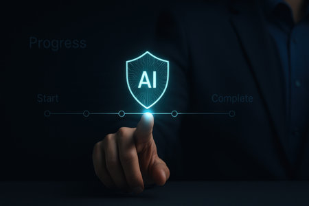 Businessman pressing an artificial intelligence (AI) icon on virtual screenの素材