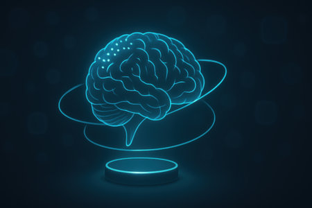 Glowing neon brain in circle on blue background. 3D renderingの素材