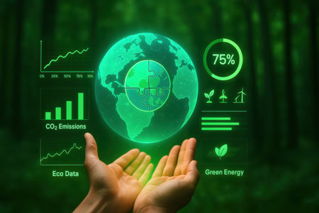 Hands holding Earth globe with business icons on the green forest backgroundの素材