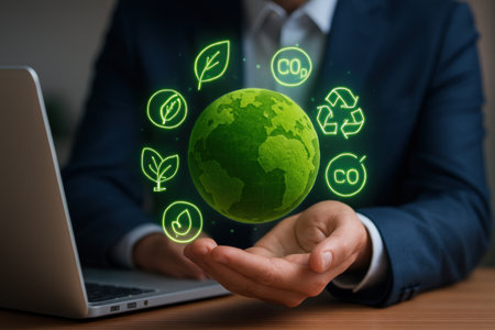 Businessman holding a glowing earth in his hands with green eco icons aroundの素材