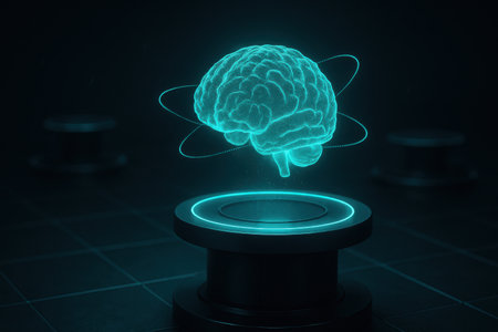 3d rendering of artificial intelligence concept. Abstract glowing human brain on dark backgroundの素材