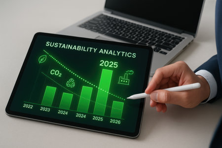 Businessman hand holding a green sphere with the words ESG on the screenの素材