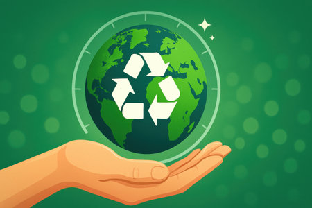 Illustration of a hand holding a recycle symbol on a green backgroundの素材