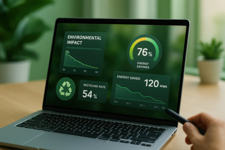 Laptop screen displaying a sustainable development concept with a graphic design.の素材
