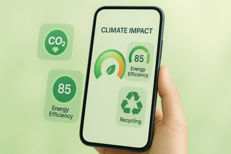 Hand holding smart phone with environmental conservation concept on screen over green backgroundの素材