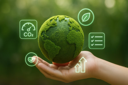 Globe with green environment icons in human hands. Save the planet conceptの素材
