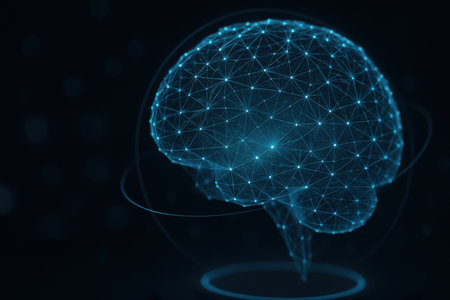 Abstract polygonal brain on dark background. Artificial intelligence concept. 3D Renderingの素材