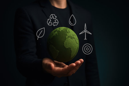 Close up of businessman holding earth planet with windmills and eco iconsの素材