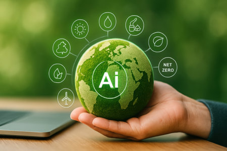 hand holding a green earth globe with the symbol of artificial intelligence.の素材