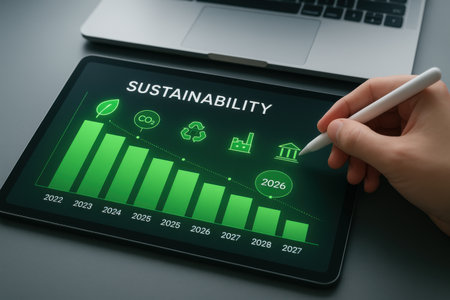Sustainability concept on tablet pc screen. Business and technology concept.の素材