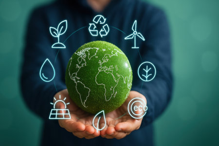 Ecology concept with green globe in hands of man on green backgroundの素材