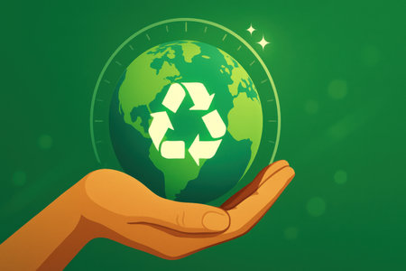 Illustration of hand holding a globe with recycle symbol on green backgroundの素材