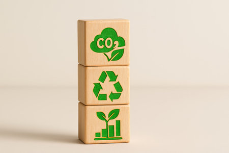 Wooden blocks with green eco icons. Recycling concept.の素材