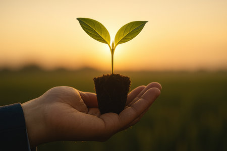 Human hand holding a green sprout in the soil on sunset backgroundの素材