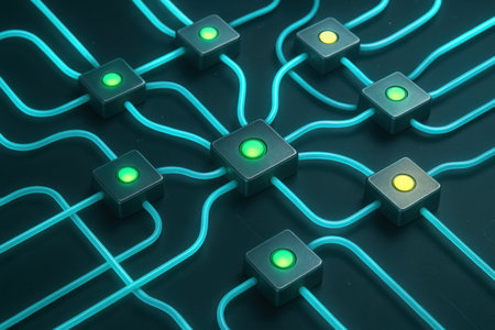 Circuit board with green and blue led lights, computer generated abstract backgroundの素材