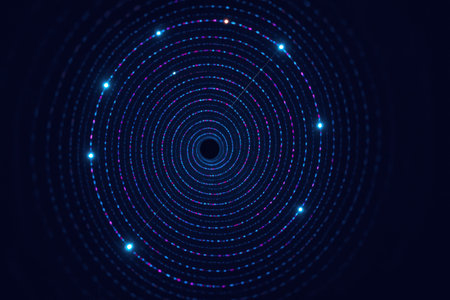 Neon circles abstract background, vector illustration. Futuristic technology style.の素材