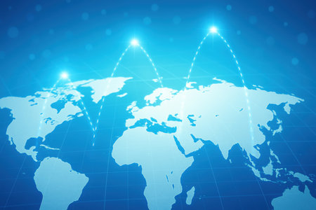 world map with connection lines on a blue background. vector illustration.の素材