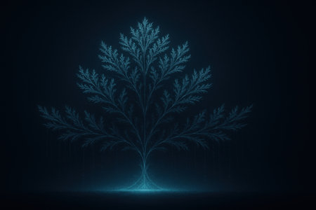 3d rendering of a blue tree in the dark with neon lightの素材