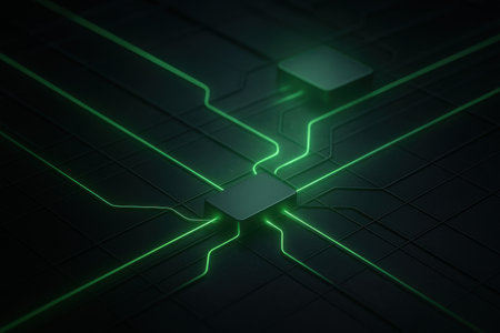 3d render of computer chip with green neon light on black backgroundの素材