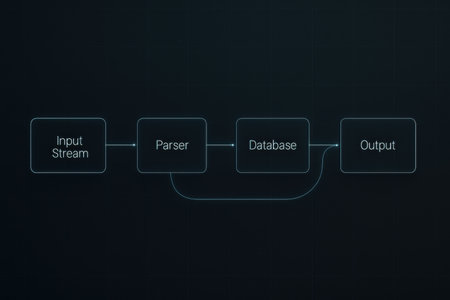 Highly rendering of data flow diagram on dark background. Computer generated graphics.の素材