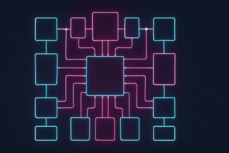 Illustration of circuit board on a dark blue background with neon lightsの素材