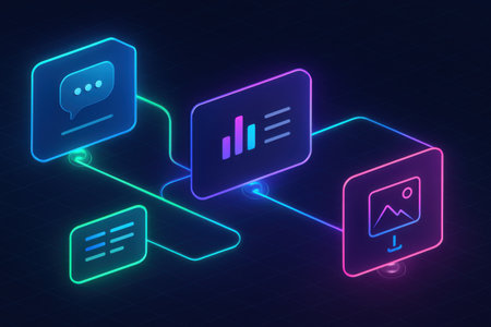 Isometric vector illustration of social media icons in neon style on the blue backgroundの素材