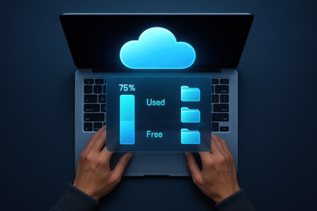 Cloud computing concept with person using a laptop computer on dark blue backgroundの素材