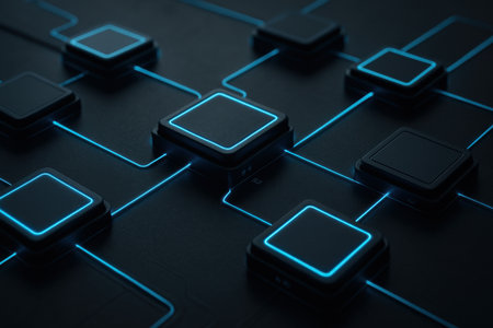 3d rendering of a computer circuit board with blue neon lights.の素材