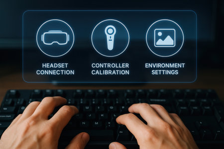 Hands typing on keyboard with virtual reality goggles icon. Technology conceptの素材