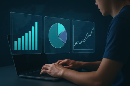 Side view of young man working with laptop on dark blue background with charts and graphsの素材