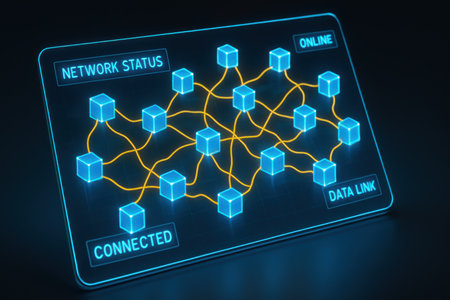 3D rendering of a blockchain concept in blue light on a dark backgroundの素材