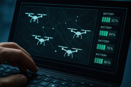 Closeup of a hand using a laptop with a drone on a screenの素材