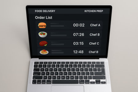 Digital composite of Laptop with food order on screen against grey backgroundの素材
