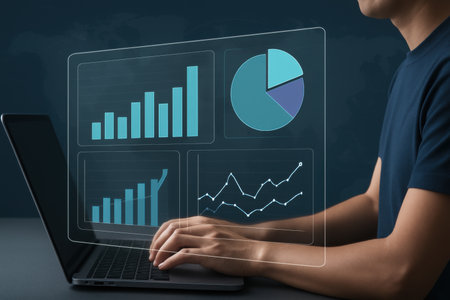 Close up of businessman working on laptop with charts and graphs on screenの素材
