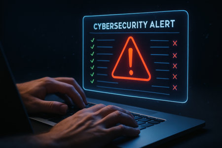 Cyber security alert concept on laptop screen with hacker attack warning symbolの素材