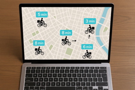 Digital composite of Laptop with map and bike sharing app on screenの素材