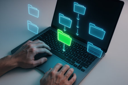 Hand using laptop with folder icon on screen. Business and technology concept.の素材