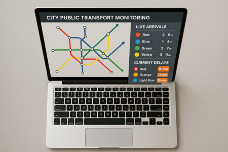 Data transfer concept shown on a computer screen with a map and data processingの素材