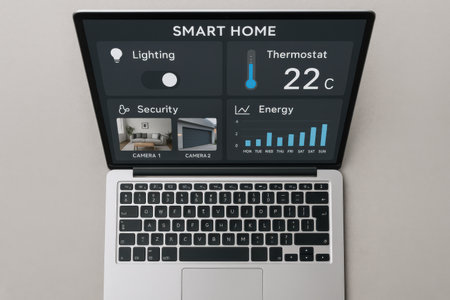 Laptop with smart home application on screen. All screen graphics are made up.の素材