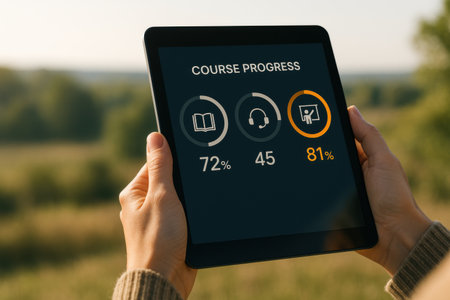 Female hands holding a tablet with online courses on the screen. Education concept.の素材