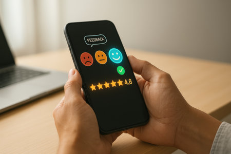 Customer reviews on mobile phone screen. Customer feedback, ranking and evaluation conceptの素材