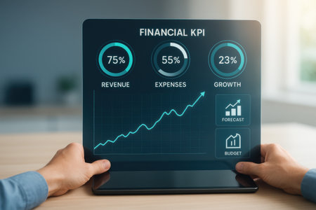 Finance and investment concept. Businessman holding tablet with financial chart on screenの素材